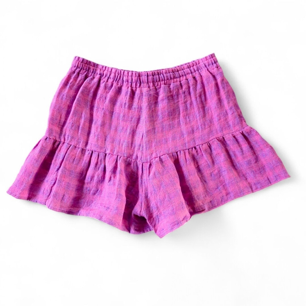 Lavender Brown Linen Plaid Ruffled Shorts Sz M | Weekend Stroll Favorite - Picture 6 of 10